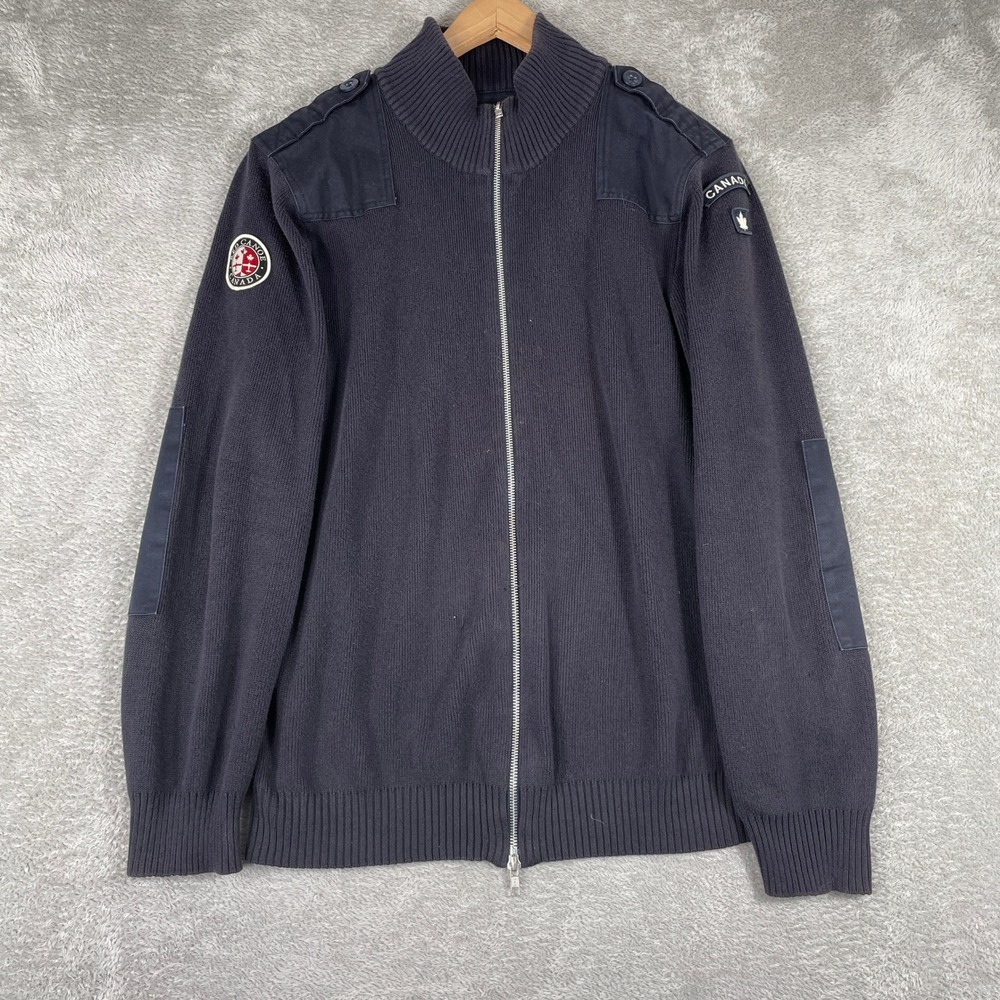 Red Canoe Knit Sweater Jacket Mens XL Navy‎ Military Patch Full Zip